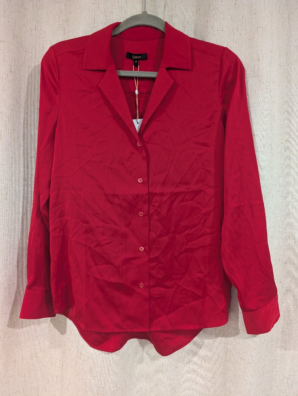 Quince Washable Stretch Silk Notch Collar Blouse Red/Salsa Size Small NWT